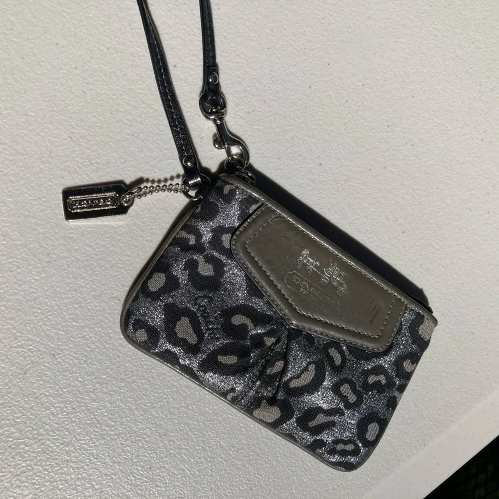 Coach Metallic Silver Glitter Sparkle Leopard Print Zipper Pouch Wristlet Wallet